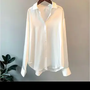 Summer Delight Casual Satin Long Sleeve Blouse for Women - Comfortable Basic Design with Collared and Minimalist Style - Top, Womenswear
