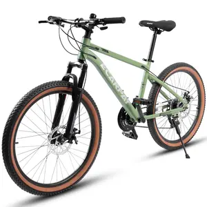 24 Inch Mountain Bike for Teenagers, High Carbon Steel Frame, Disc Brakes, Durable Design, Brown Edge Tires, Ideal for School Commuting