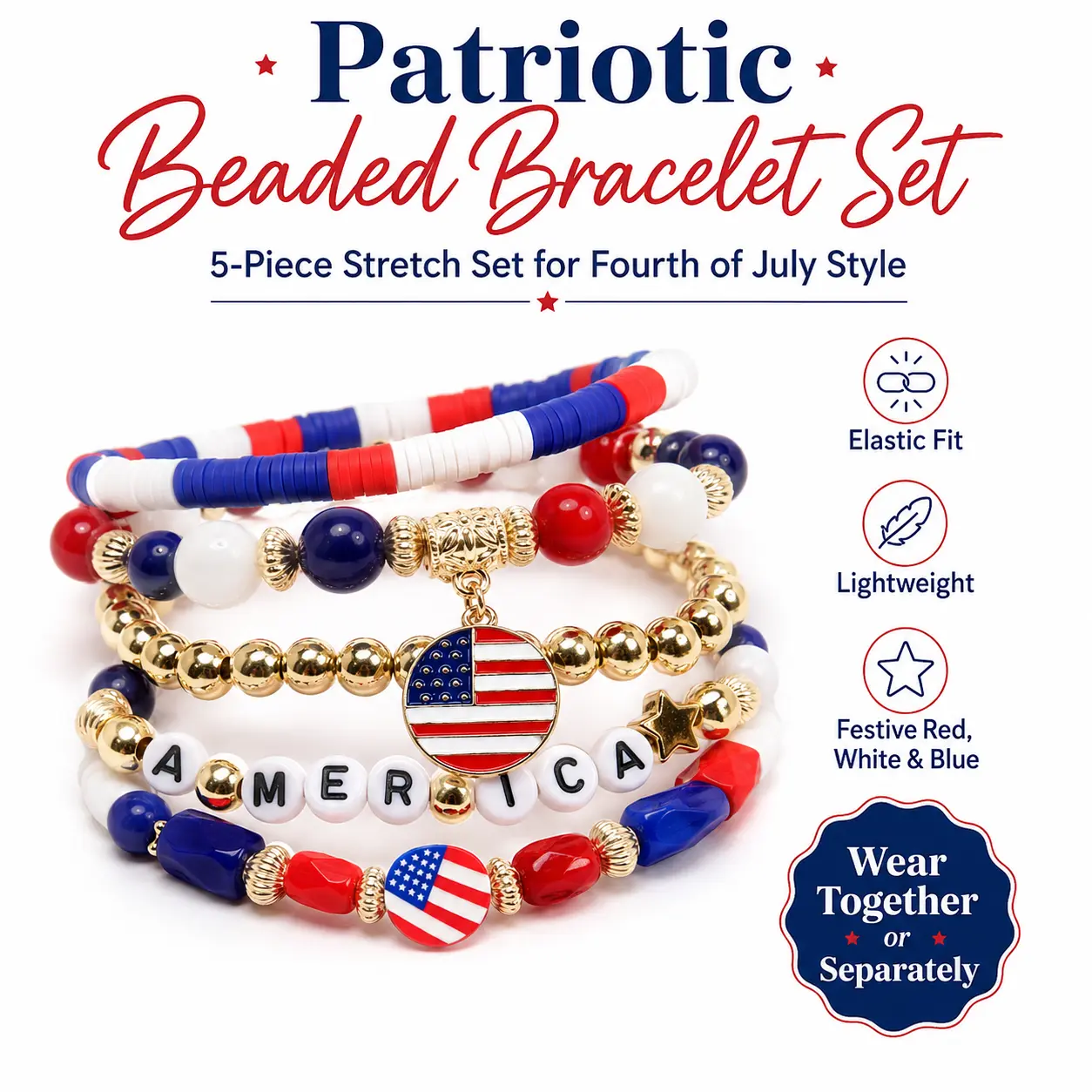 5pcs Unisex American Flag Theme Sports Wristbands - Lightweight, Flag-Shape Pendant, Stretch Fit - Red White Blue Elastic Beaded Jewelry - 4th of July Celebration Party Favors