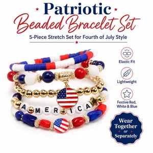 5pcs American Flag Theme Bracelets – Independence Day Beaded Elastic Wristbands – Red White Blue Flag-Shaped Pendant – Patriotic Jewelry for Men Women – 4th of July Celebration Party Favors