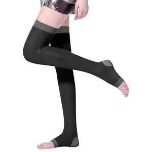 1Pair Thigh High Compression Socks, Firm Support 20-30 mmHg Gradient Compression Stockings with Silicone Band, for Nurses Running Travel, Open Toe