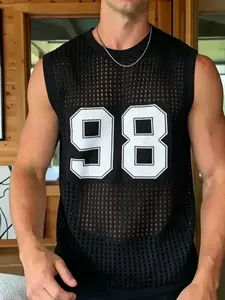 Breathable Waffle Knit Sleeveless Top - Men's Number 98 Loose Fit Knit Streetwear Vest for Casual Street Style,Black top, black T-shirt, black tank top, Knitwear Vest, Vest Tops, Sleeveless Vests