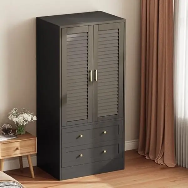 Spacious 65" Composite Wood Wardrobe Closet – Louvered Double Doors, 2 Drawers, Hanging Rod | Black | Multi‑Functional Storage for Bedroom, Entryway, Laundry, Cloakroom