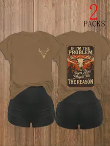 Women's Casual Floral Short Sleeve Top & Shorts Set, Leopard Cow Head Print, Trendy Summer, Comfortable Fit for Daily Wear