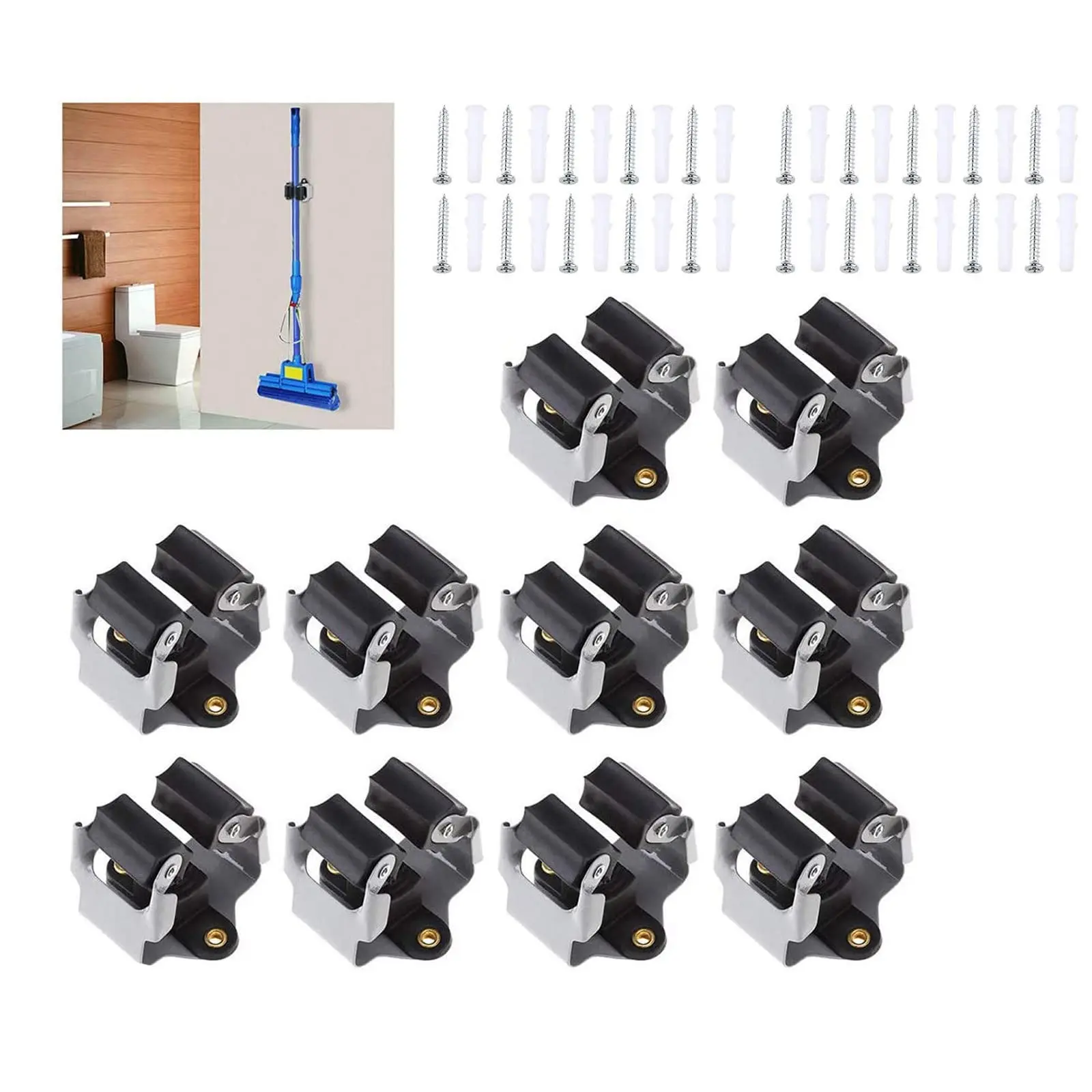 Broom Holder Wall Mount 10 Pack Heavy Duty Metal Mop Broomstick Shovel Handle Hanging Clips Clamp Organizer Hanger Rack Gripper Black