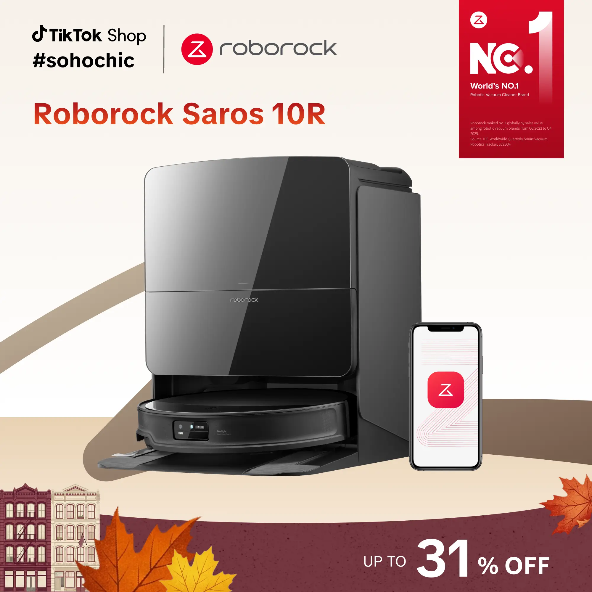 Roborock Saros 10R Cordless Automated Multi-Function Robot Vacuum and Mop Home Cleaning Tool, 3.14in Ultra Slim, Powerful Suction, 0-Tangling, FlexiArm Riser Technology, Corner-Edge Cleaning, Self-Emptying, Hot Air Drying, Back to School Haul