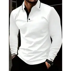 1pc Casual Men's Contrast Trim Quarter Button Collar Long Sleeve Polo Shirt, Suitable For Spring & Autumn, For Golf flannels western  fashion flight  jackets calebs  jacket al  wissam  jacket Top White Hem Menswear