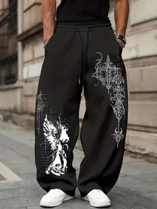 Men's Wide Leg Sweatpants, Gothic Fallen Angel Cross Print, Drawstring Elastic Waist, Y2K Dark Street Style, Loose Fit Casual Long Pants