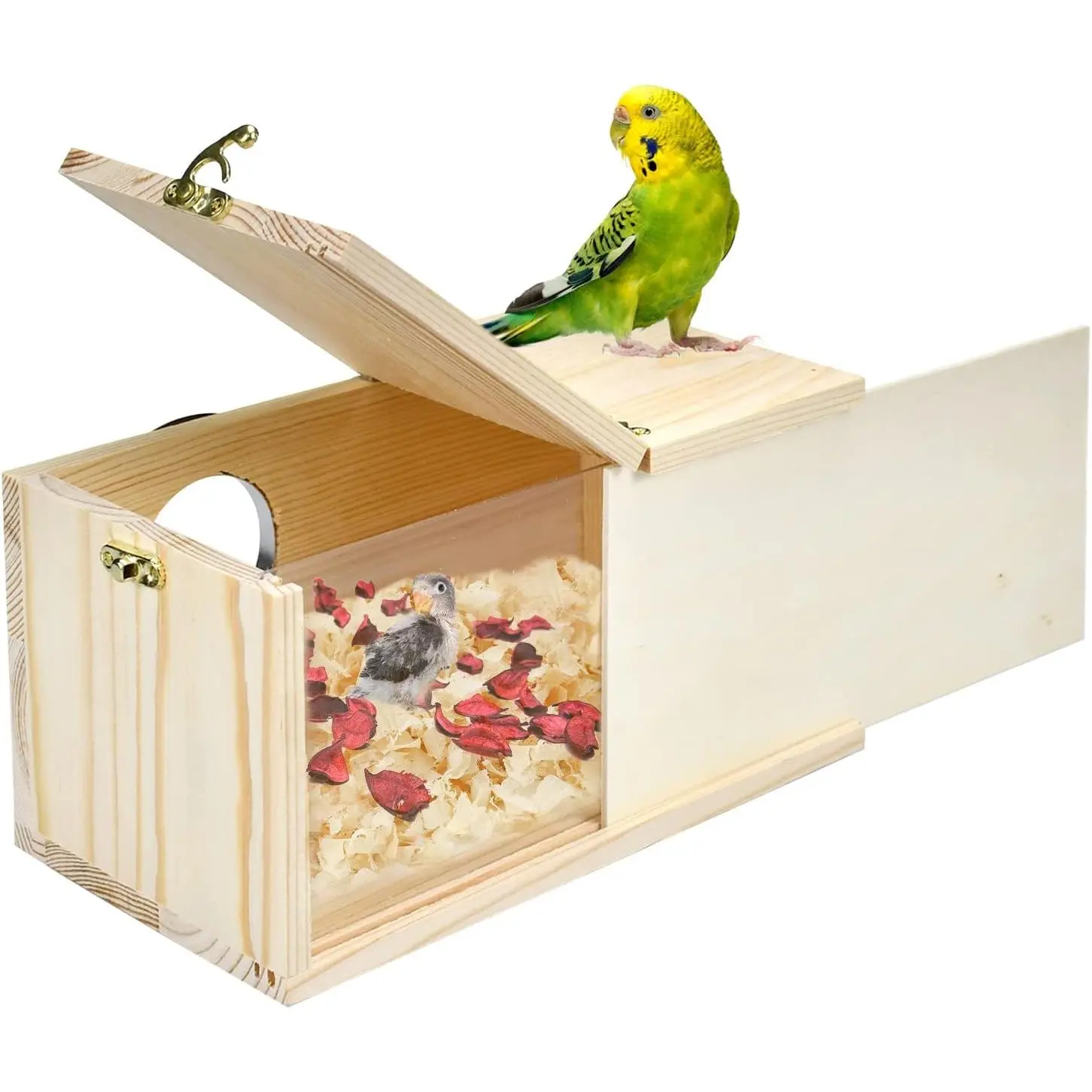 Parrot nesting box, Lovebird nesting box, Natural pine bird nest, Bird breeding box, Acrylic transparent bird box, equipped with removable wooden panels, suitable for lovebirds, parrots, budgies, conures, and parrot S