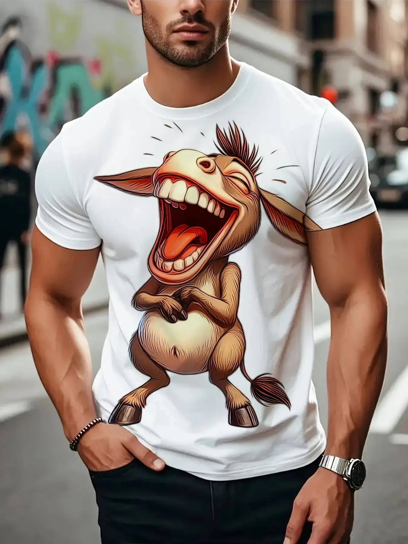 Men'S Donkey Graphic T-Shirt - Breathable Fabric with All-Over Cartoon Print, Round Neck Short Sleeves for Summer Casual Wear, Casual Streetwear Tops, Outdoor Activities, Casual Summer Clothing - Machine Washable Style