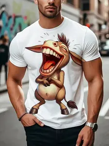 Men'S Donkey Graphic T-Shirt - Breathable Fabric with All-Over Cartoon Print, Round Neck Short Sleeves for Summer Casual Wear, Casual Streetwear Tops, Outdoor Activities, Casual Summer Clothing - Machine Washable Style