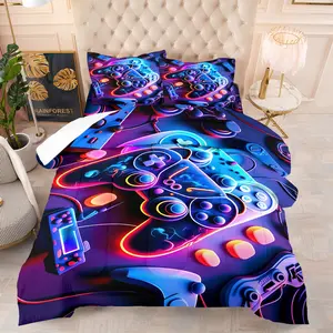 3D Layered Neon Game Controller Print Comforter Set with 1-2 Pillowcases No Core, Deep Purple Blue Gradient Base Color, Comfortable Plush, Cyberpunk Bedroom E-Sport Room Decor, Gamers Gift, In Stock