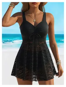 Crochet Tankini Swimsuit for Women - Black Ruched Two Piece Bathing Suit - Tie Front Top & Flared Bottom - Modest Swimwear for Beach, Pool, Vacation