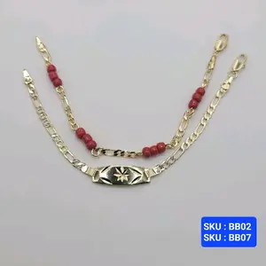 Evil Eye Protection Bracelet Red & ID Figaro Style Laminated-Gold 6 Inches 3mm Adjustable for Babies Stylish Protective Accessory Comfortable Fit Versatile Design Jewelry.
