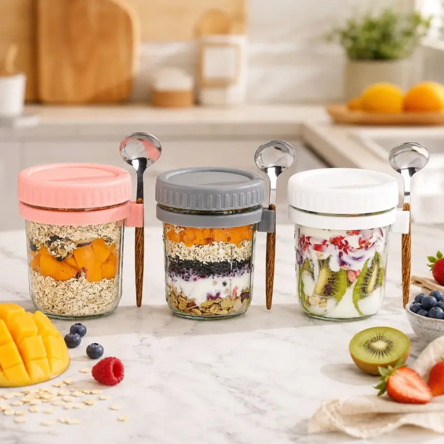 16oz Portable Leakproof Glass Overnight Oats Jar with Twist Screw Lid, Built-in Wood Spoon Holder & Spoon, Non-Slip Handle, Reusable Meal Prep Container for Healthy Eating - Kitchen Essential for Work, Travel