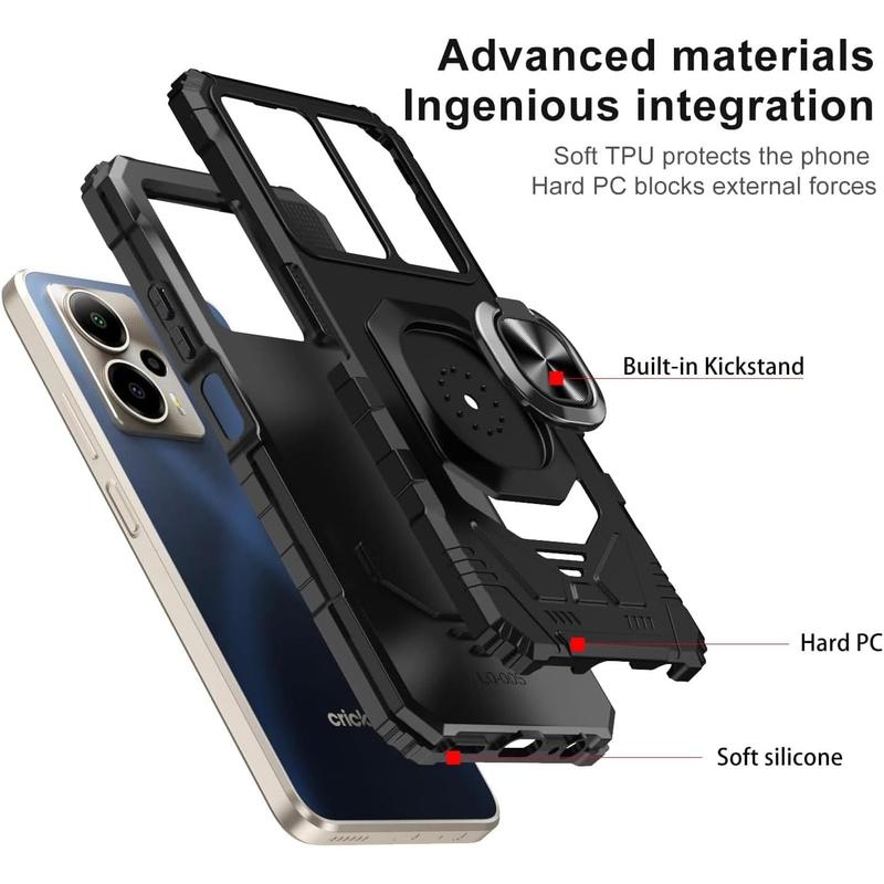 Compatible with Cricket Outlast 5G 2024 Case, AT&T Motivate Pro 5G Case, with Tempered Glass Screen Protector, Metal Ring  Support Kickstand Heavy Duty Drop Protection Phone Case (Black)