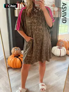Women's Casual Contrast Stripes Accent Leopard Print Mini Dress, Short Sleeve T-Shirt Style,  Pockets, Fashionable Summer