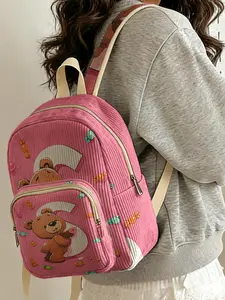 1 piece of 2D printed lady's backpack with a teddy bear candy pattern, corduroy texture + layered storage + light weight reduction | perfect for students to go to class/shopping/short trips | combines atmosphere with practicality