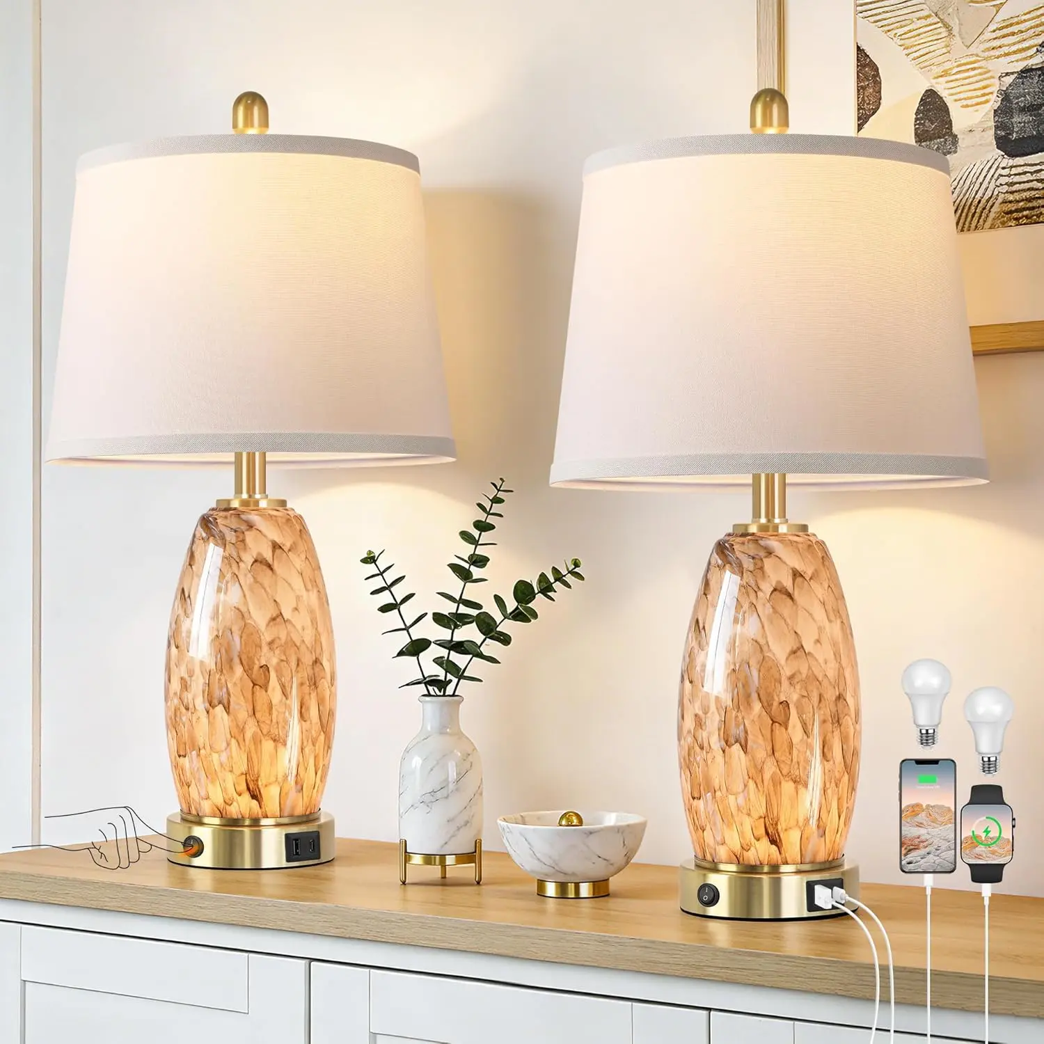 Modern Glass Table Lamp Set of 2 with 7 Lighting Modes, 3-Color Temperature Lamp with Night Light and USB A+C Port,Bedside Lamp for Nightstand Living Room Bedroom(LED Bulbs Included)