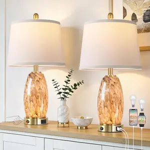 Modern Glass Table Lamp Set of 2 with 7 Lighting Modes, 3-Color Temperature Lamp with Night Light and USB A+C Port,Bedside Lamp for Nightstand Living Room Bedroom(LED Bulbs Included)