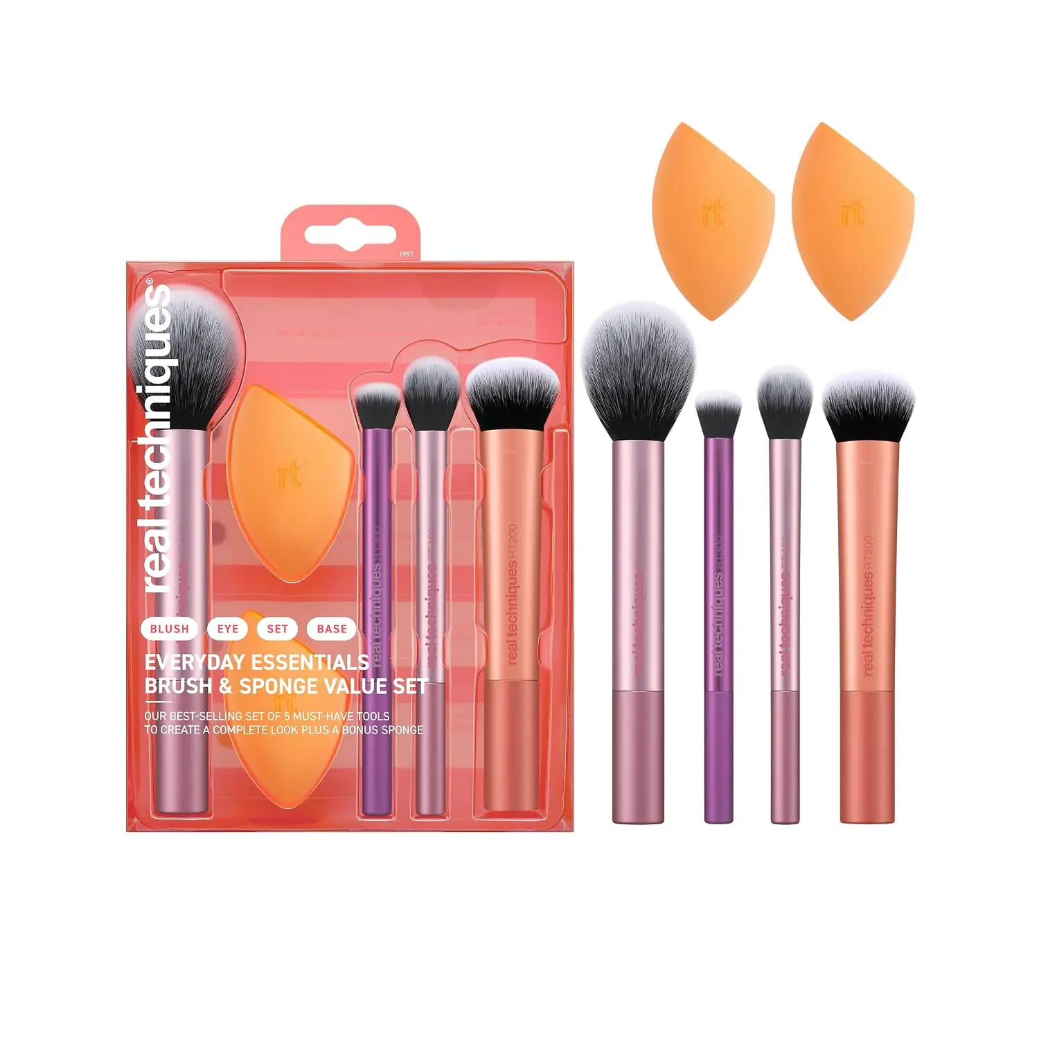 Real Techniques 6 Piece Everyday Essentials Makeup Brush Set, Includes 4 Brushes & 2 Makeup Sponges for Foundation, Blush, Bronzer, Contour, Eyeshadow & Powder, Travel Gift Set, Cruelty-Free & Vegan