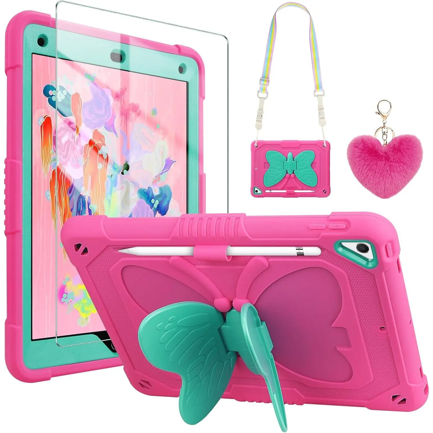 X-PCS10   for iPad 9.7 Case iPad 6th 5th Generation Cases with Screen Protector/Butterfly Kickstand/Lanyard/Keychain Rugged Case with Pencil Holder for Girls Kids iPad Air 2 Case 9.7''Rose Red