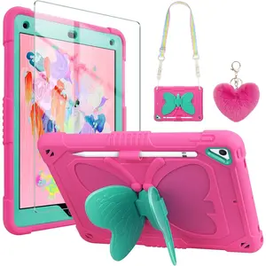 X-PCS10   for iPad 9.7 Case iPad 6th 5th Generation Cases with Screen Protector/Butterfly Kickstand/Lanyard/Keychain Rugged Case with Pencil Holder for Girls Kids iPad Air 2 Case 9.7''Rose Red