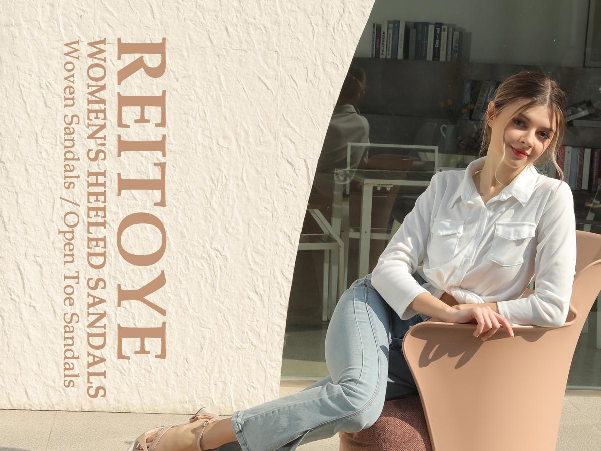 Reitoye Women's Chunky Heels Open Toe Woven Strappy Sandals Ankle Strap Low Block Heel Sandals Comfort Party Shoes