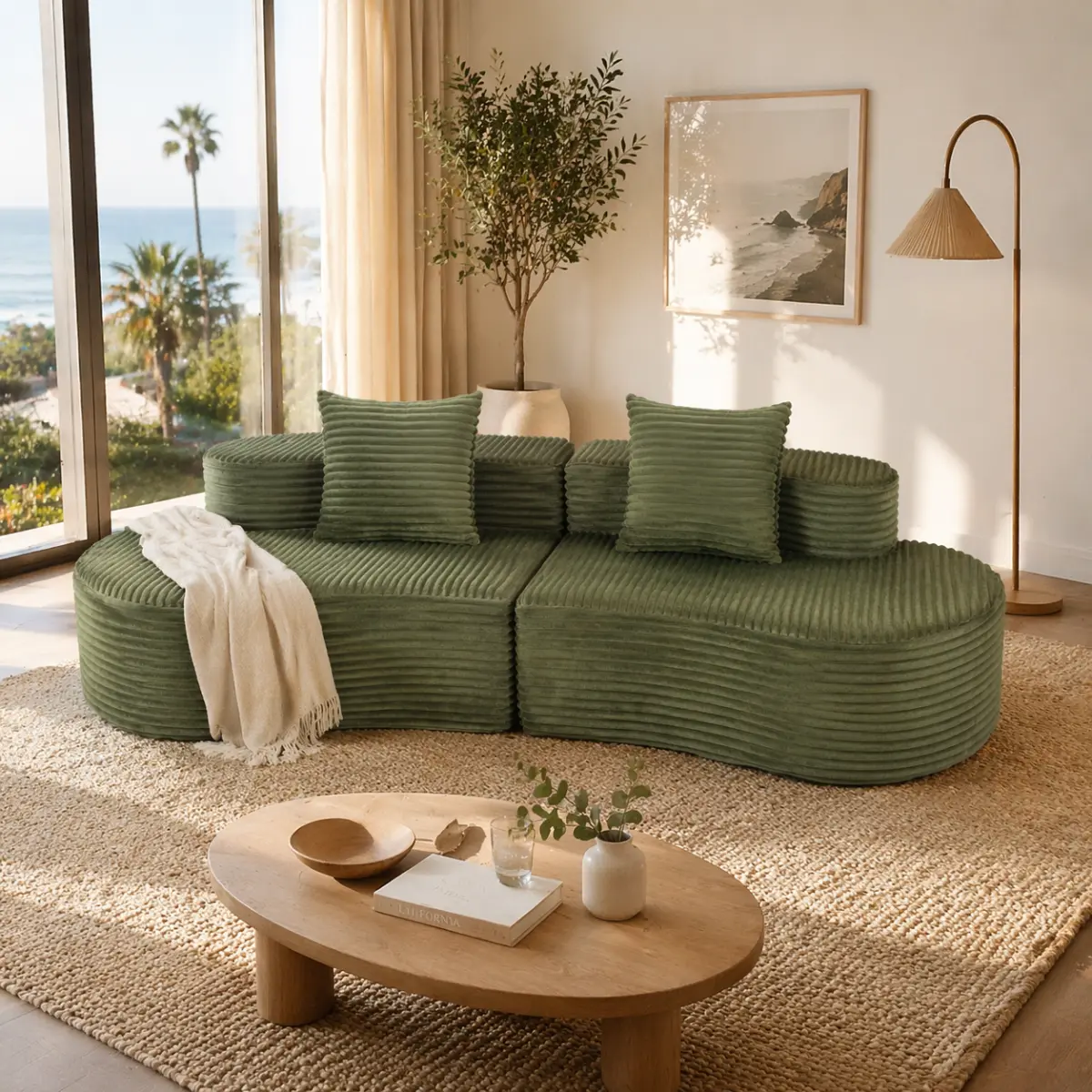 110.24" Modular Sectional Sofa Boneless Couches for Living Room,Comfy Fluffy Cloud Sectional Couch with Curved Ottoman, Modern Plush Corduroy Deep Seat Couch for Small Spaces, Green