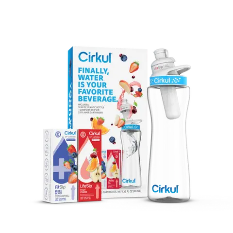 22oz Cylindrical Refillable Reusable Plastic Portable Drinkware Bottle Starter Kit - Traveler Water Bottle with Lid, Washable Kettle-Jug Accessory, Innovative Fruit & Mixed Berry Sip Cartridge System, Personalized Drink Option
