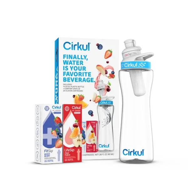 22oz Cylindrical Refillable Reusable Plastic Portable Drinkware Bottle Starter Kit - Traveler Water Bottle with Lid, Washable Kettle-Jug Accessory, Innovative Fruit & Mixed Berry Sip Cartridge System, Personalized Drink Option