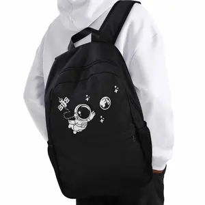 Casual Backpack Astronaut Printing for Teens - Lightweight, Large Capacity, Adjustable Straps, Black Nylon Fabric, Easy Cartoon Design, Upper Part Printing Perfect for School, Commute & Casual Use, Secure Zipper Closure