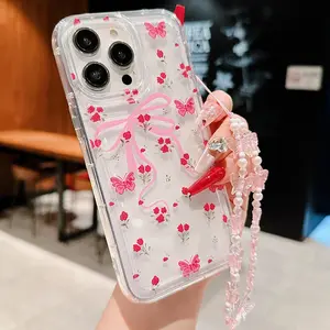 Floral Pattern Phone Case with Butterfly Lanyard, 1 Count  Decorative Phone Protector Cover, Phone Accessories for iPhone 11 12 13 14 15 16 Series