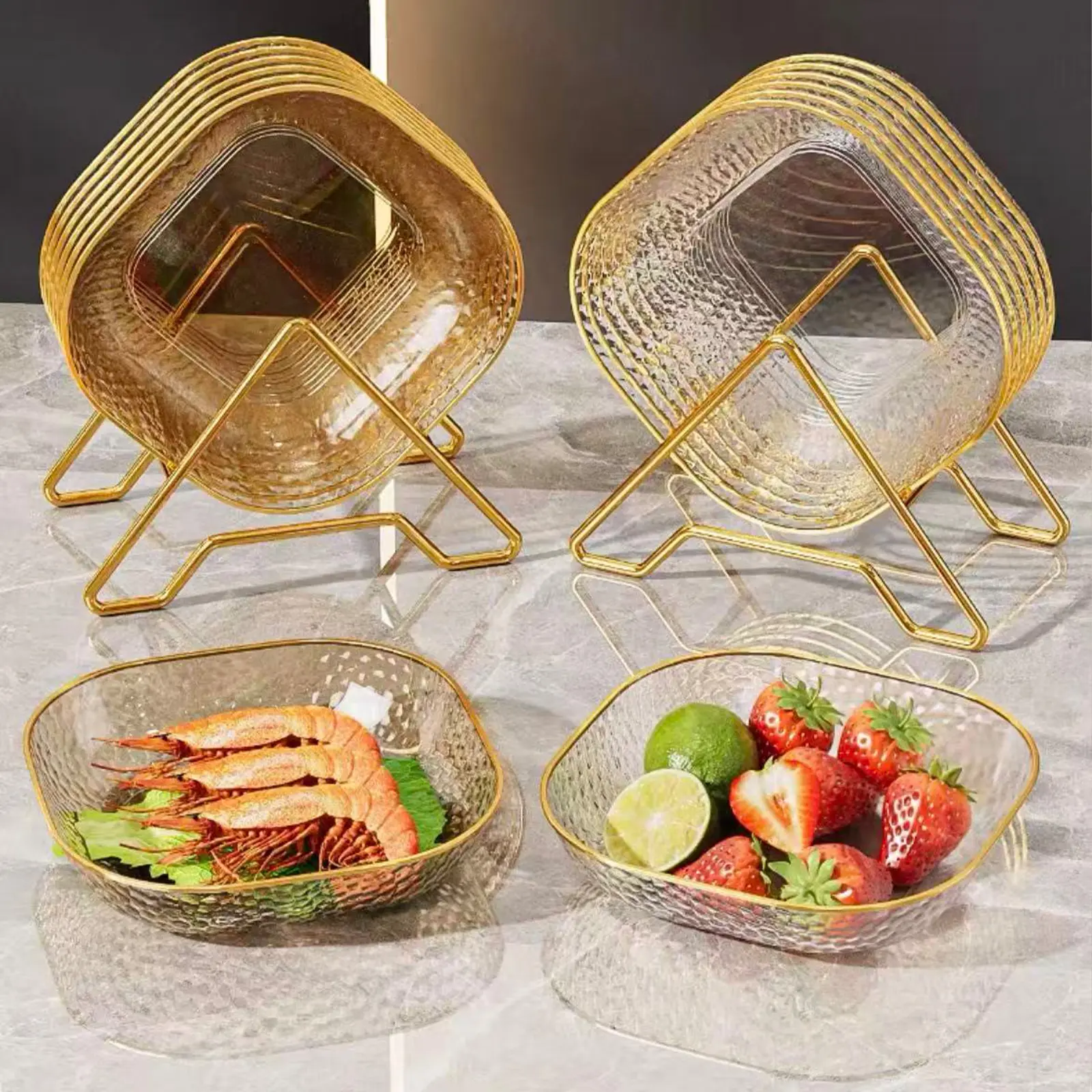 6-Pack Food-Grade PET Plastic Serving Plates with Gold Rim, Metal Storage Rack, 5.7 Inch Small Square Snack & Fruit Bowls, Glass-Look Reusable Appetizer Dish Set