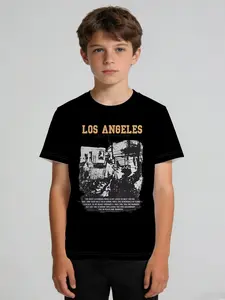 Boys' American-style short-sleeved shirt "Los Angeles Streetwear Tour Edition" features a vintage city streetscape + LOS ANGELES slogan print, a cool black crew neck design, making it a standout for street-style kids' outfits and outdoor outings