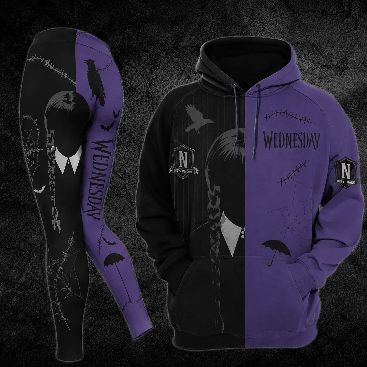 Wednesday Gothic Halloween Set, Spooky Nevermore Inspired Hoodie and Leggings, Dark Academia Horror Outfit, Raven Spiderweb Bat Print, Halloween Matching Set