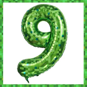 40 Inch Giant Green Pixel Miner Themed Number Foil Balloon, Mining Green Birthday Party Decorations 0-9 Optional 's Anniversary Balloon Party Supplies (Number 9)