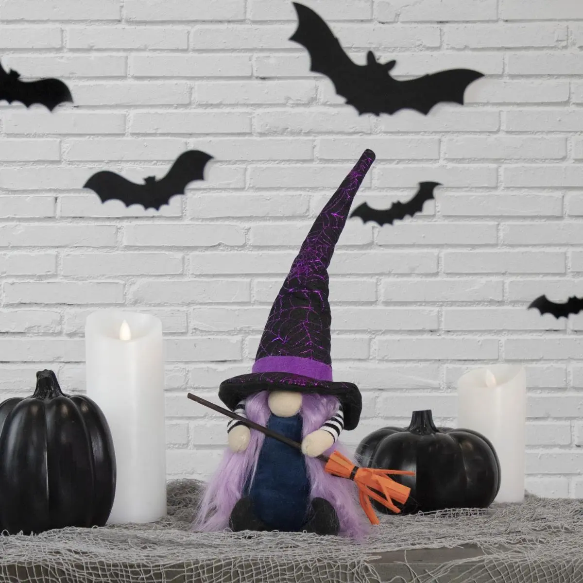 212 MAIN 15 in. Standing Plastic Spooky Shiny Halloween Witch Gnome Figurine, Featuring Broom, Bendable Hat, Black & Purple Decorative Figurine for Adults, Interior Decoration Accessory, Ornament, Figurines For Adults, Decorative Figurines