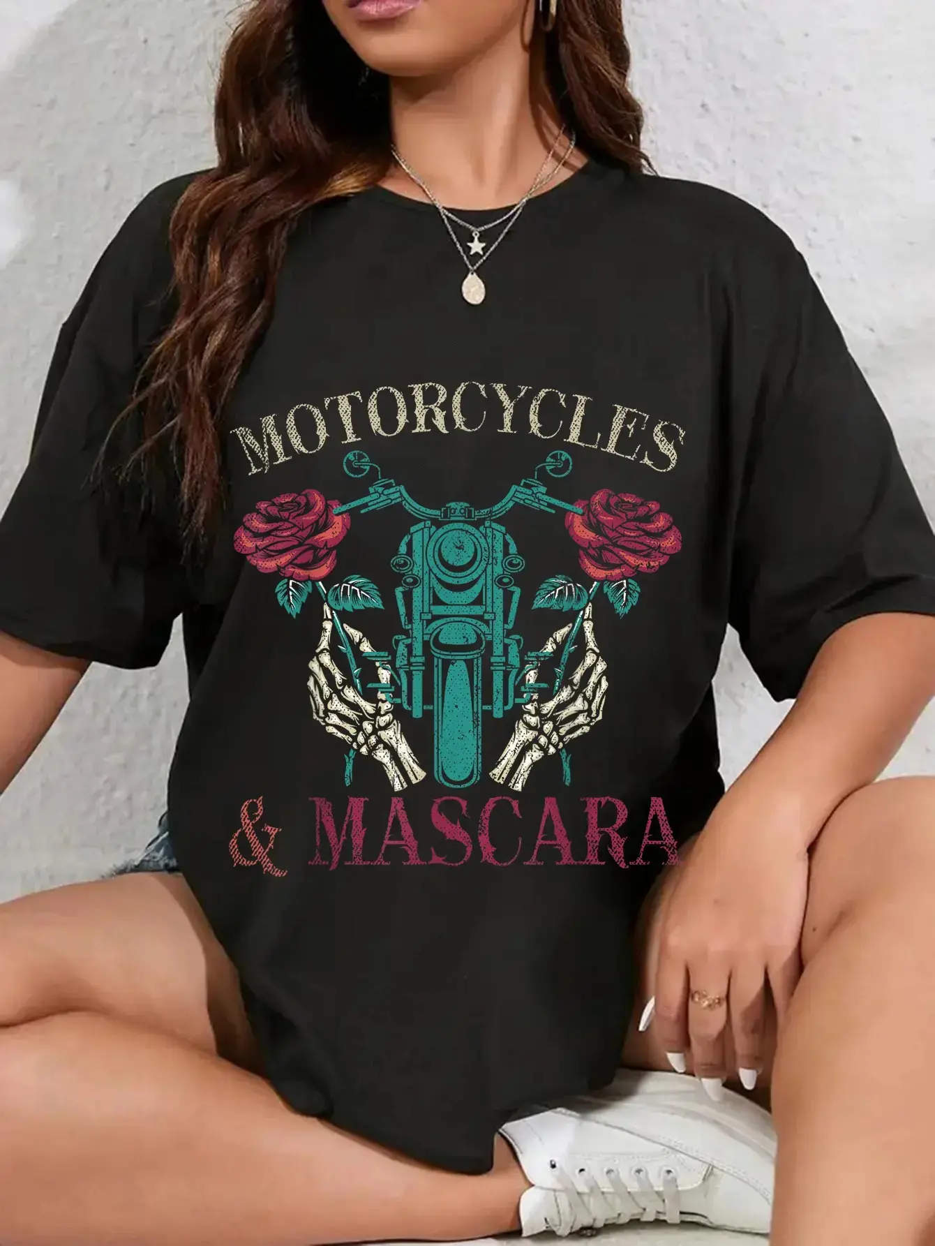 Cotton Motorbike Riding Women Motorcycles And Mascara Roses Biker T-Shirt