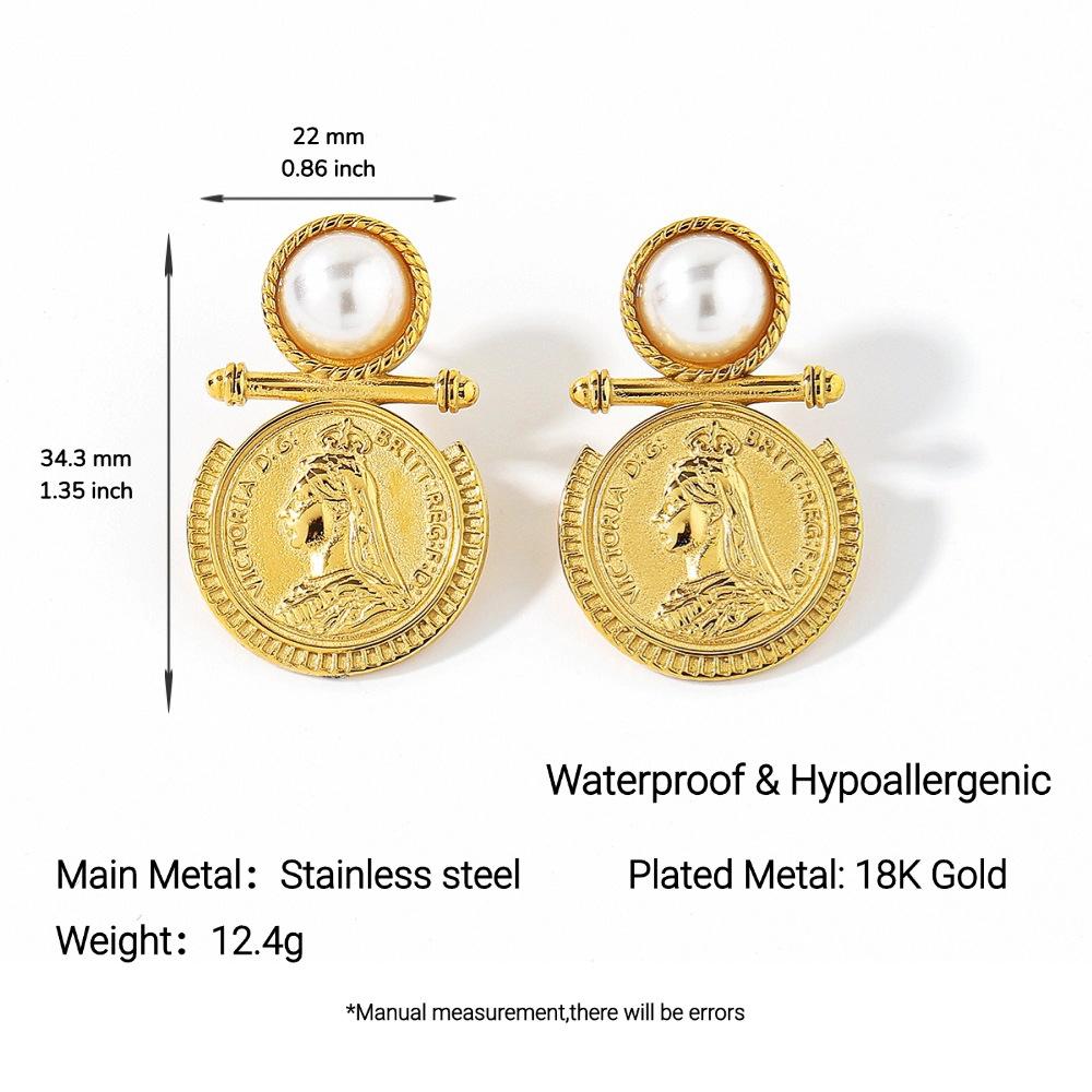 Vintage Gold Coin Earrings for Women, 18K Gold Plated Stainless Steel Pearl Stud Earrings, Hypoallergenic Retro Ins Style Dangle Earring, Non-Fade Daily Wear Jewelry