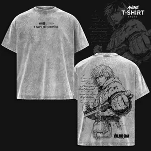 Thorfinn - Vinland Saga Vintage Washed Oversized Anime T-Shirt, Heavyweight Cotton Streetwear Graphic Tee, Retro Manga Line Art Back Print, Unisex Loose Fit Japanese Anime Shirt, Classic Anime Streetwear Gift for Fans