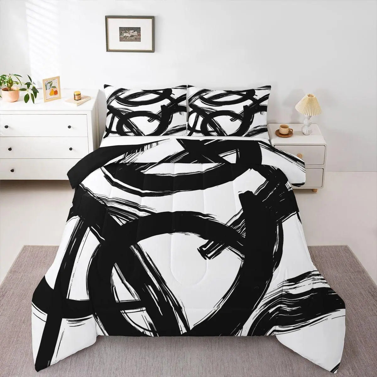 Black White Abstract Comforter Set,Modern Graffiti Minimalist Line Bedding Set,Simple Sketch Cool Unique Geometric Duvet Insert Ink Painting Aesthetic Quilt