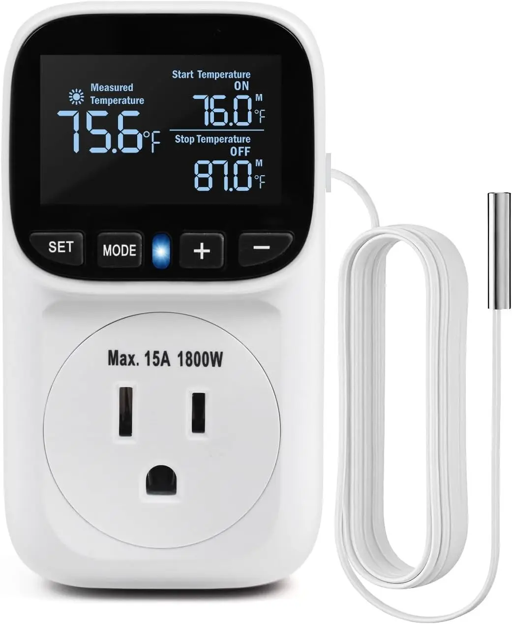 Digital Temperature Controller Heating & Cooling Thermostat Plug Outlet -40°F~210°F 15A 1800W LCD Display Temperature Controlled Outlet for Home Greenhouse Chicken Coop Reptile