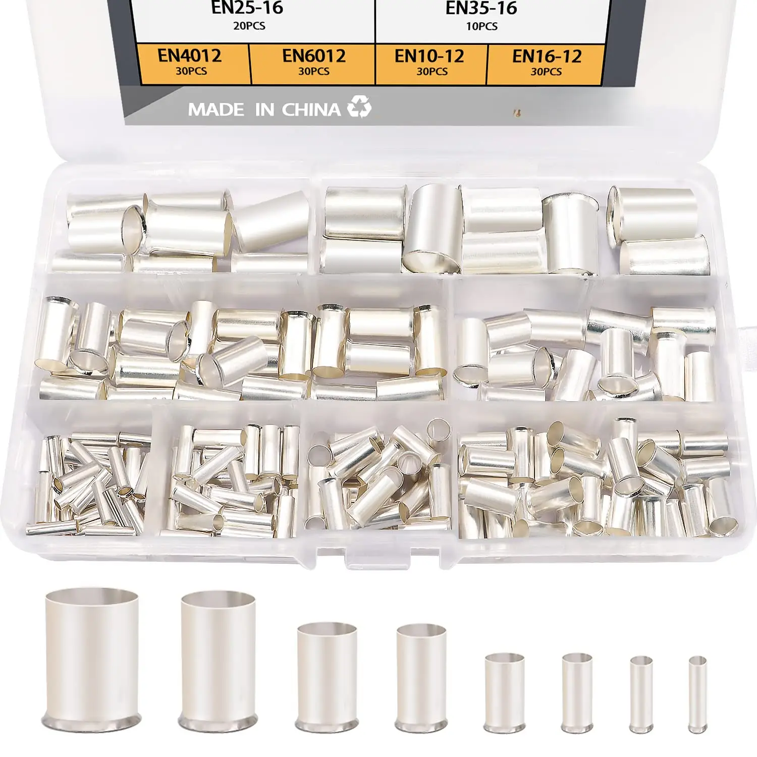 166-Piece Multi-Size Silver Plated Copper Wire Ferrules Kit - 8 AWG Sizes (1/0,2/0,2,4,6,8,10,12) with Insulation Flare Crimp Terminals, M-020 Sleeves, Cord Pin Ends, Plastic Box, AWG 6*30 Pcs for Car Audio Equipment, Household Appliances (Prevents Fray)