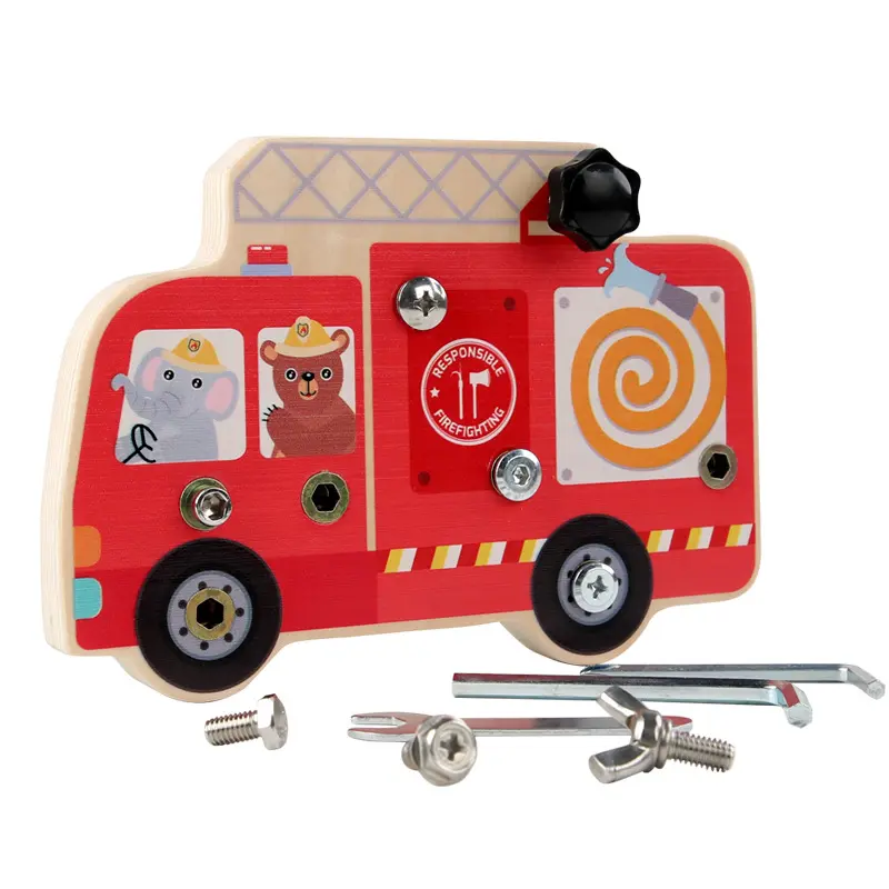 Children's Wooden Disassembly Screw & Nut Fire Truck Combination, Montessori Early Education Busy Board Detachable Toy