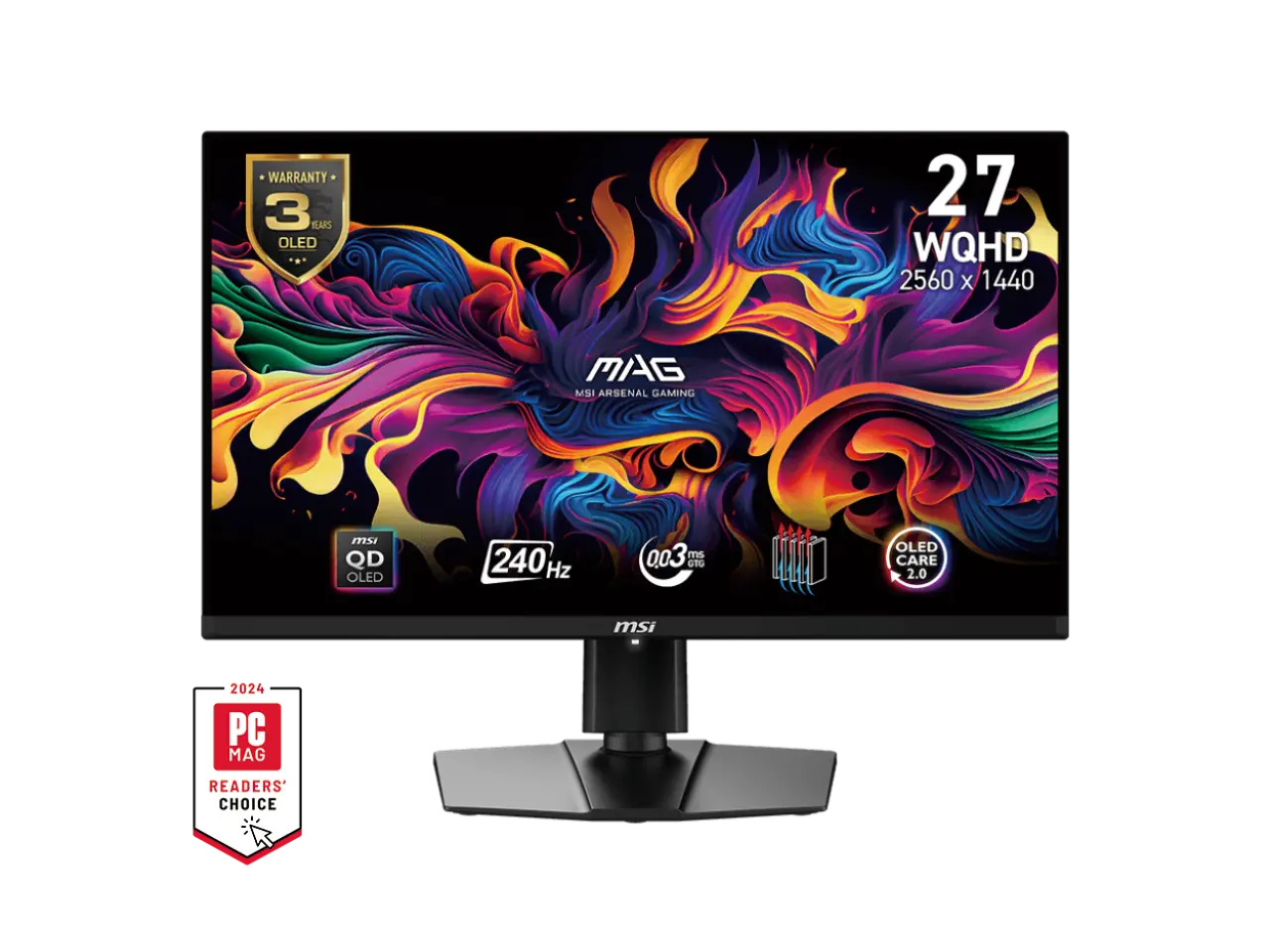 MSI 27 inch WQHD 2K 1440P 240Hz AMD FreeSync Premium Pro 0.03ms HDR400 USB-C OLED Gaming Computer Monitor with Height Adjustable, Swivel, Pivot & Tilt Stand MAG 271QPX QD-OLED E2