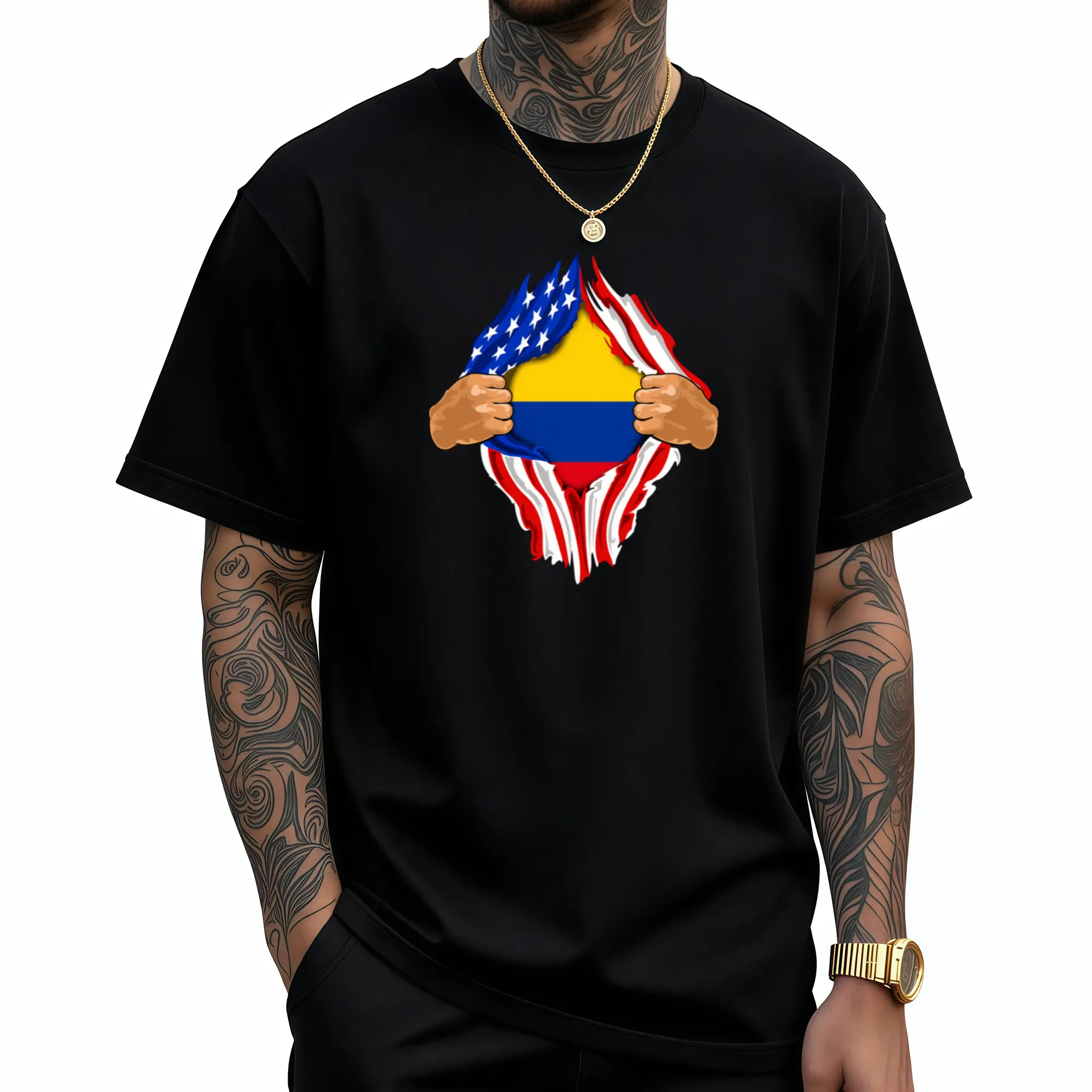 100% Cotton Short-Sleeve Round Neck Vintage Everyday T-Shirt - Distressed Graphic, Colombian Blood Inside Me Design, Colombia Flag Gift Clothes