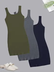 Women's Casual Square Neck Dress Set, Three-Piece Plain Design, Perfect for Daily Wear & Leisure, Stylish Comfortable Clothing