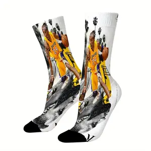 Mid-calf socks featuring Los Angeles Lakers players Kobe Bryant (24) and LeBron James (23), durable and unisex, perfect for fans, holiday gifts, and birthday presents.
