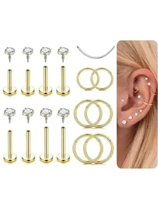 14 Pcs Golden Multipurpose Cartilage Piercing Set for Women Men Unisex Trendy Minimalist Surgical Steel Body Jewelry Flat Back Studs Bling CZ Hypoallergenic Comfortable Wear Sturdy Long-lasting for Daily Use Modern Minimalist Style for Daily Wear